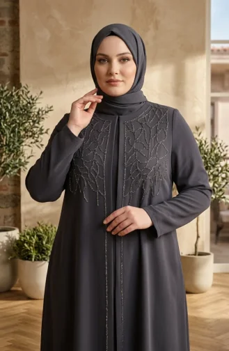Robe De Soirée Hijab Ornée Grande Taille 6356-05 Gris Foncé 6356-05
