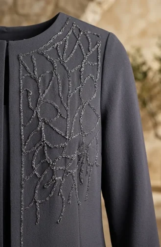 Robe De Soirée Hijab Ornée Grande Taille 6356-05 Gris Foncé 6356-05