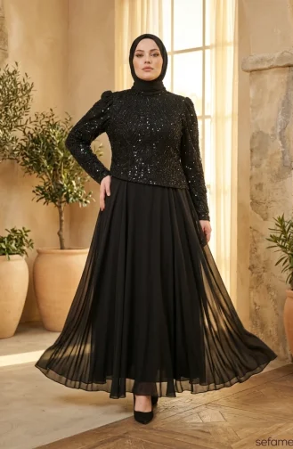 Robe De Soirée Grande Taille En Mousseline à Sequins Et Hijab Réf. 6380-01 Noire 6380-01