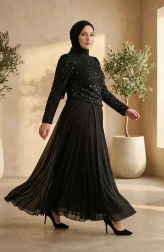 Robe De Soirée Grande Taille En Mousseline à Sequins Et Hijab Réf. 6380-01 Noire 6380-01