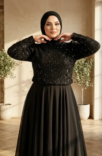 Robe De Soirée Grande Taille En Mousseline à Sequins Et Hijab Réf. 6380-01 Noire 6380-01