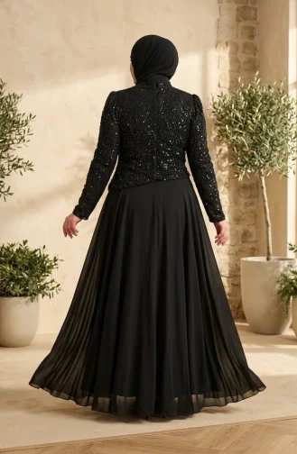 Robe De Soirée Grande Taille En Mousseline à Sequins Et Hijab Réf. 6380-01 Noire 6380-01