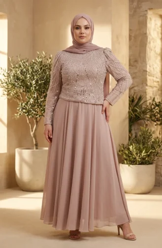 فستان سهرة من الشيفون المرصع بالترتر بمقاسات كبيرة، لون بيج، رقم الموديل 6380-02 6380-02