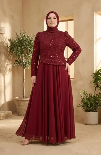 Robe De Soirée Grande Taille En Mousseline à Sequins Et Hijab Couleur Bordeaux Référence 6380-03 6380-03