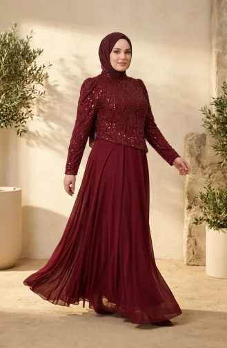 Robe De Soirée Grande Taille En Mousseline à Sequins Et Hijab Couleur Bordeaux Référence 6380-03 6380-03