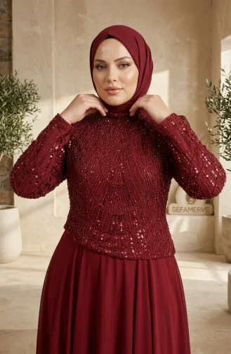Robe De Soirée Grande Taille En Mousseline à Sequins Et Hijab Couleur Bordeaux Référence 6380-03 6380-03
