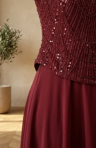 Robe De Soirée Grande Taille En Mousseline à Sequins Et Hijab Couleur Bordeaux Référence 6380-03 6380-03