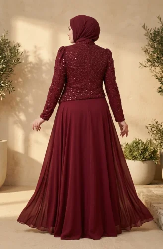 Robe De Soirée Grande Taille En Mousseline à Sequins Et Hijab Couleur Bordeaux Référence 6380-03 6380-03