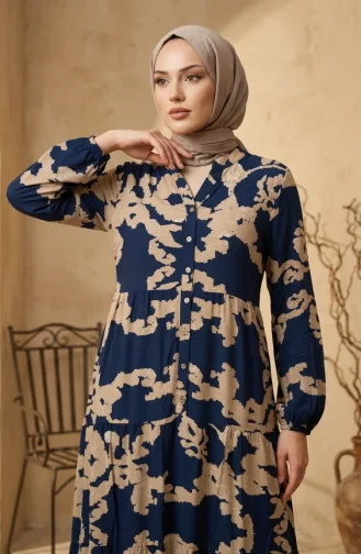 فستان حجاب منقوش من قماش الفسكوز 4123-05 أزرق داكن 4123-05