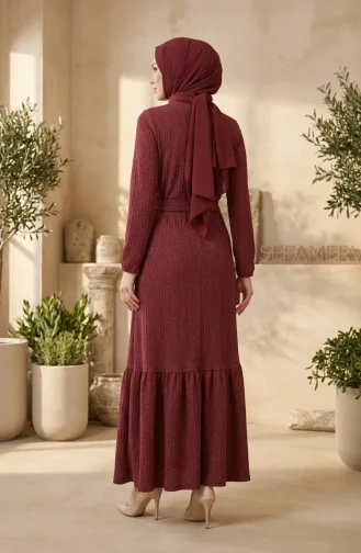 Hijab-Kleid Aus Bubble-Stoff Mit Halskettendetail Und Gürtel 0575-10 Dunkelburgunderrot 0575-10