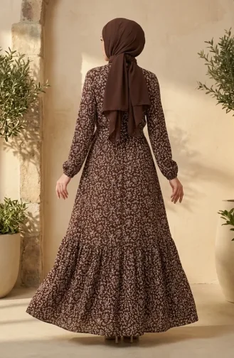 Bürümcük Kumaş Çiçek Desenli Kuşaklı Tesettür Elbise 0580-06 Kahverengi Ekru