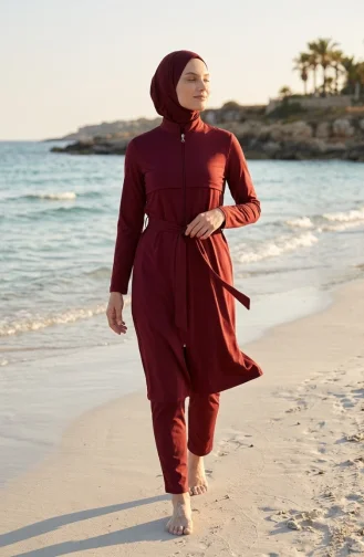 مايوه سباحة عصري بسيط بحزام وسحاب، لون تيراكوتا 2602-05 2602-05