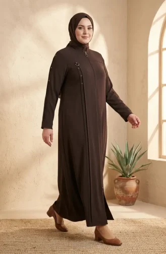 Plus Size Abaya With Ring Detail 6401-02 Brown 6401-02