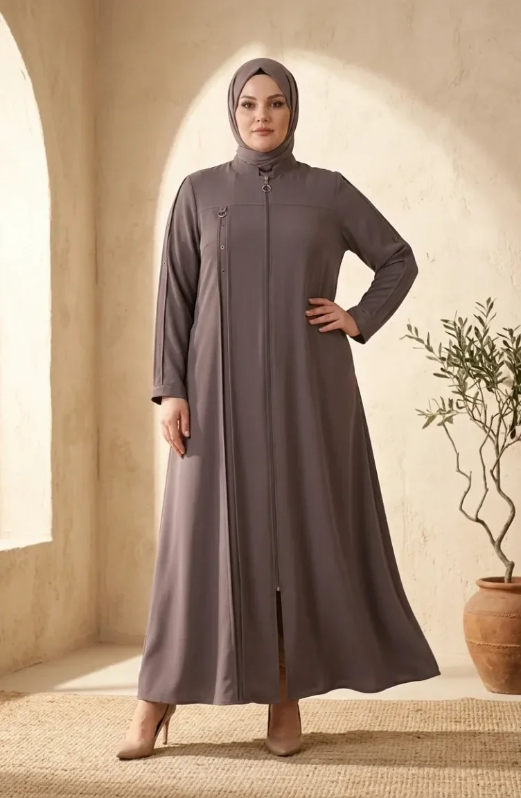 Plus Size Abaya With Ring Detail 6401-04 Mink 6401-04