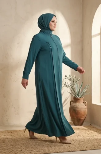 عباية بمقاسات كبيرة مزينة بحلقة، لون أخضر زمردي، رقم الموديل 6401-05 6401-05