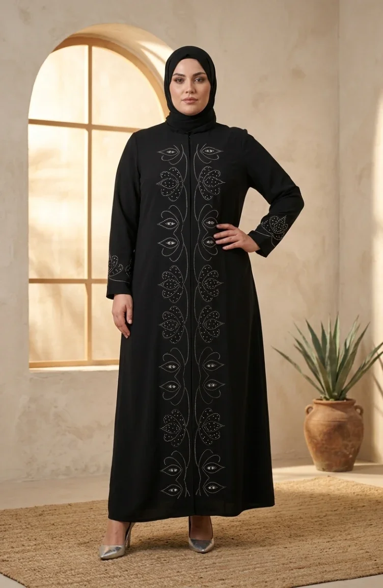 Robe De Soirée Hijab Ornée Grande Taille 6353-01 Noir 6353-01