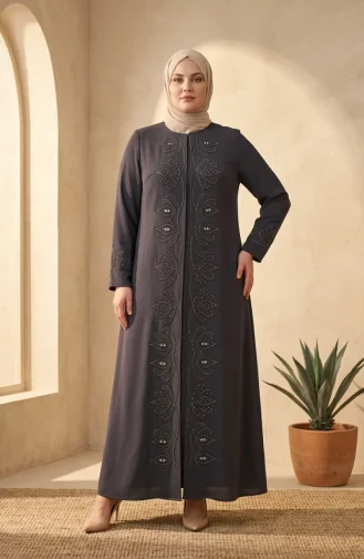 Robe De Soirée Grande Taille Avec Hijab Orné Gris Foncé 6353-02 6353-02