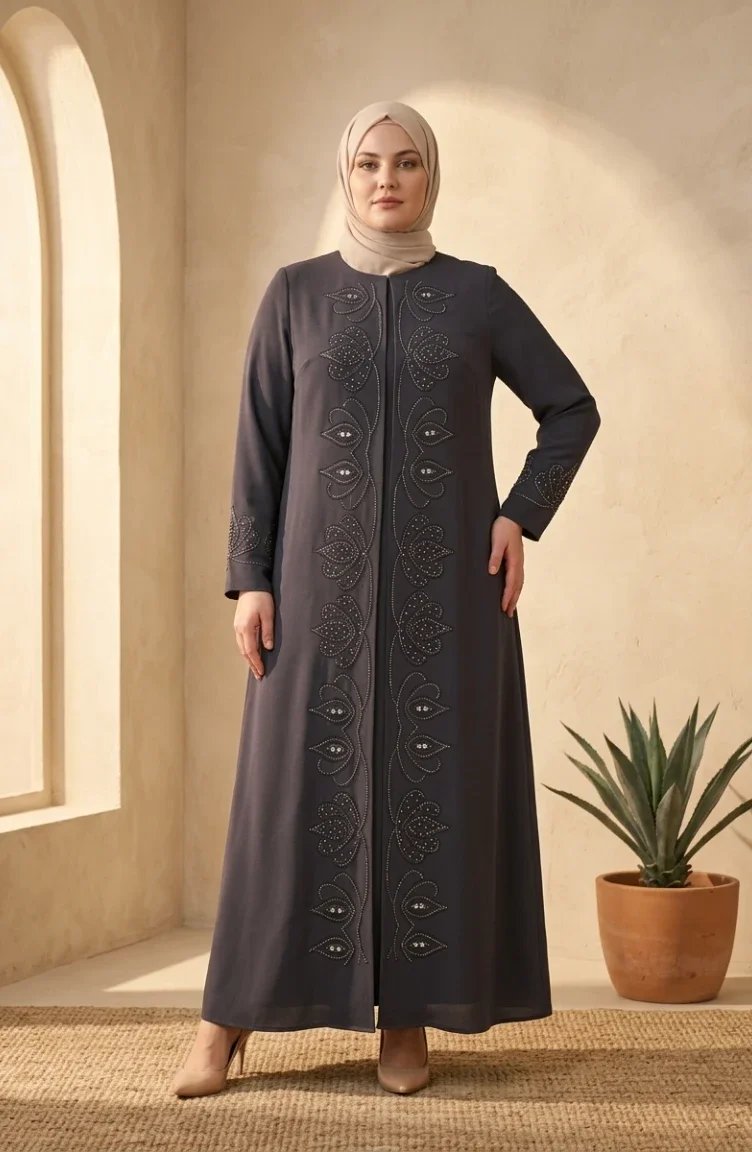Robe De Soirée Grande Taille Avec Hijab Orné Gris Foncé 6353-02 6353-02