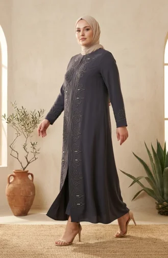 Robe De Soirée Grande Taille Avec Hijab Orné Gris Foncé 6353-02 6353-02
