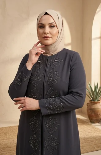 Robe De Soirée Grande Taille Avec Hijab Orné Gris Foncé 6353-02 6353-02