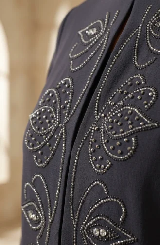 Robe De Soirée Grande Taille Avec Hijab Orné Gris Foncé 6353-02 6353-02