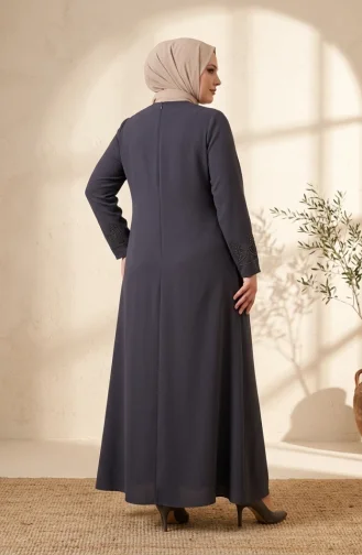 Robe De Soirée Grande Taille Avec Hijab Orné Gris Foncé 6353-02 6353-02