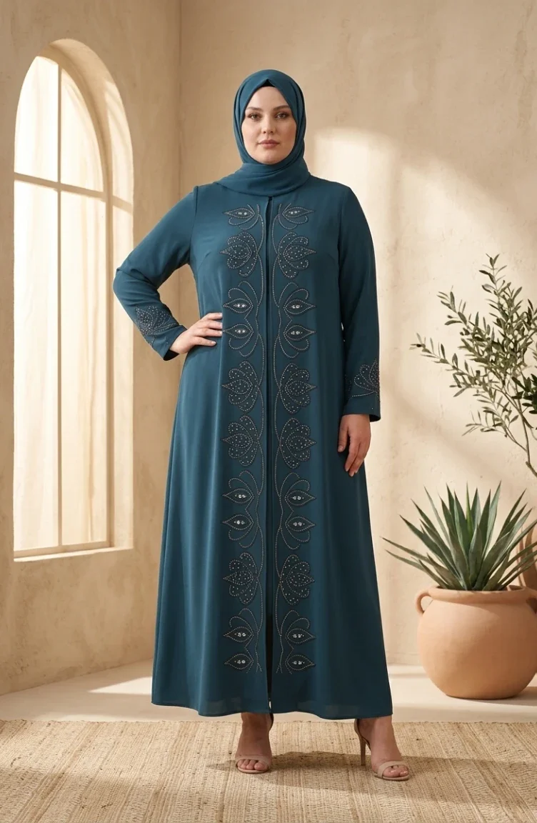Robe De Soirée Hijab Ornée Grande Taille 6353-03 Vert émeraude 6353-03