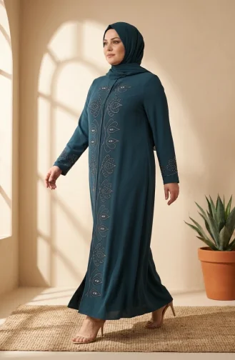Robe De Soirée Hijab Ornée Grande Taille 6353-03 Vert émeraude 6353-03