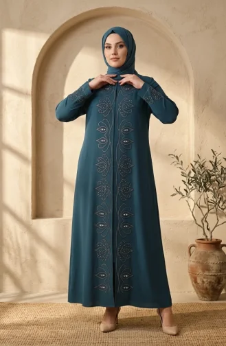 Robe De Soirée Hijab Ornée Grande Taille 6353-03 Vert émeraude 6353-03