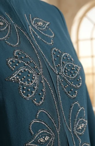 Robe De Soirée Hijab Ornée Grande Taille 6353-03 Vert émeraude 6353-03