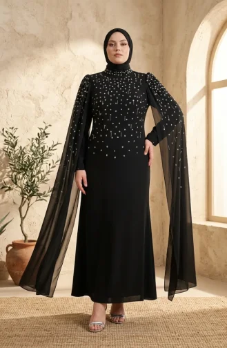 Robe De Soirée Hijab Ornée Grande Taille 6402-01 Noir 6402-01