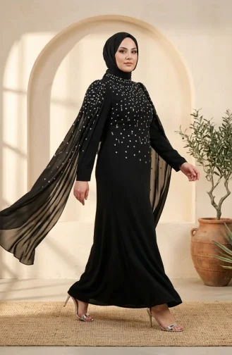 Robe De Soirée Hijab Ornée Grande Taille 6402-01 Noir 6402-01