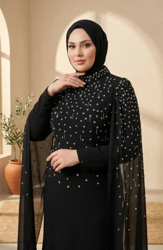 Robe De Soirée Hijab Ornée Grande Taille 6402-01 Noir 6402-01