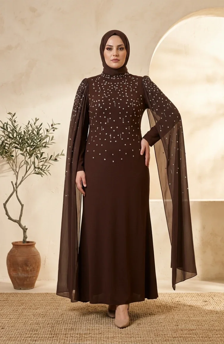 Plus Size Versierde Hijab Avondjurk 6402-03 Bruin 6402-03