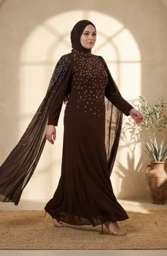 Plus Size Versierde Hijab Avondjurk 6402-03 Bruin 6402-03