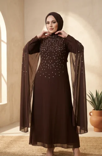 Plus Size Versierde Hijab Avondjurk 6402-03 Bruin 6402-03