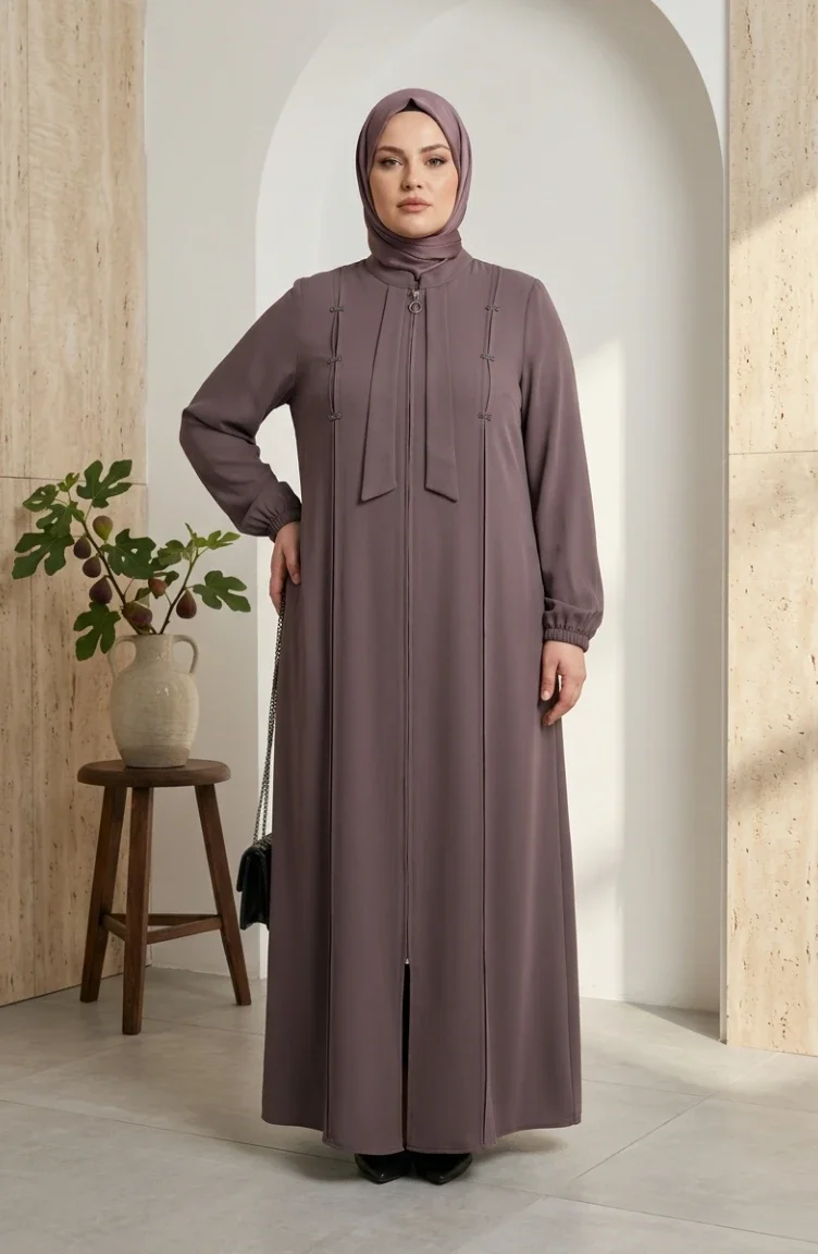 Plus Size Embellished Zippered Abaya With Stone Details 6371-01 Mink 6371-01