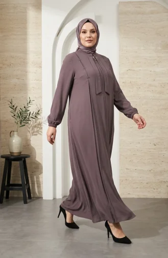 Plus Size Embellished Zippered Abaya With Stone Details 6371-01 Mink 6371-01