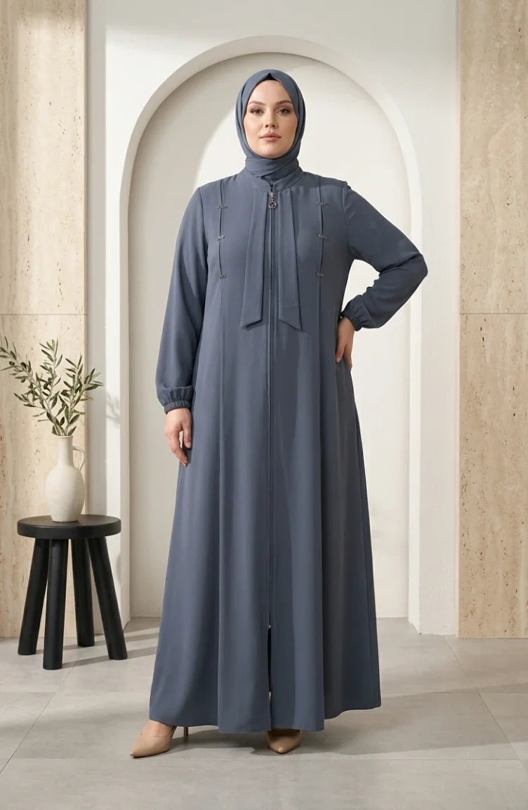 عباية مزينة بسحاب ومقاسات كبيرة 6371-02 رمادي داكن 6371-02