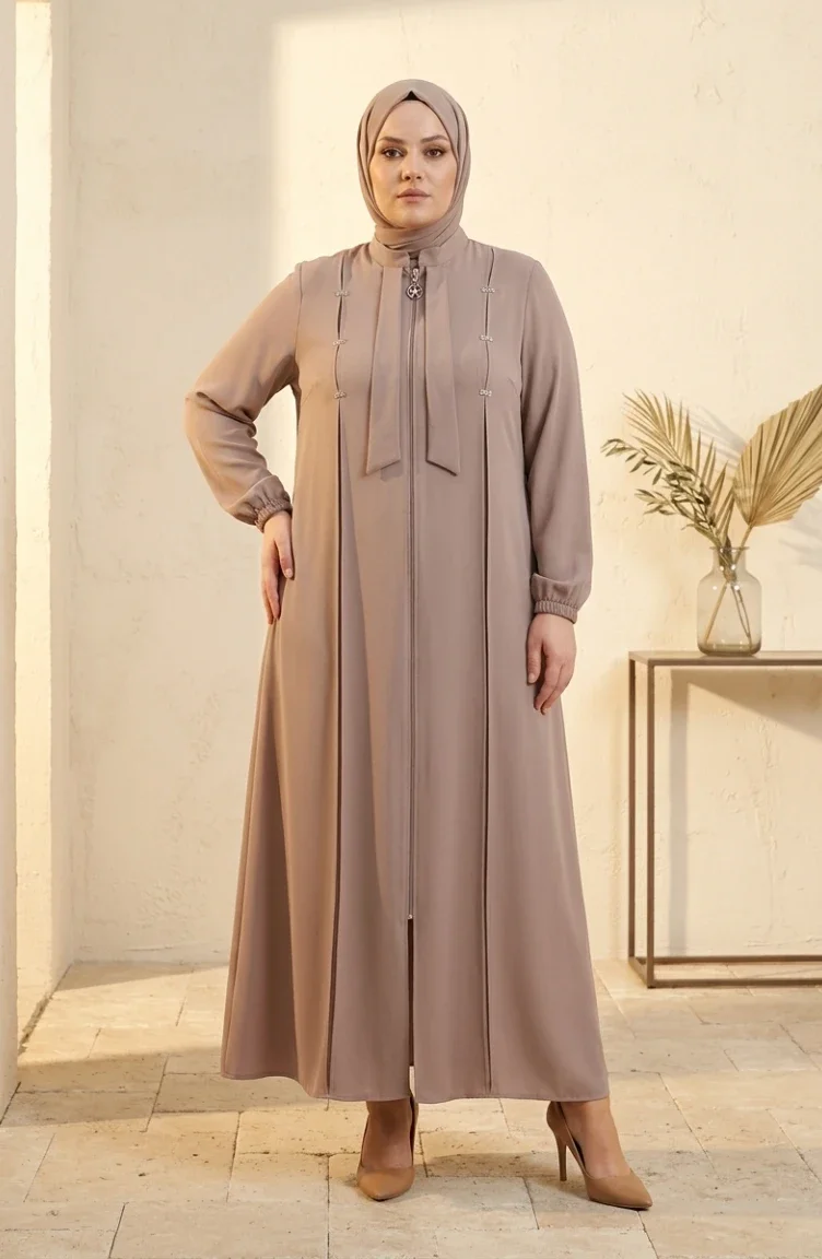 عباية مزينة بسحاب بمقاسات كبيرة 6371-03 بيج 6371-03