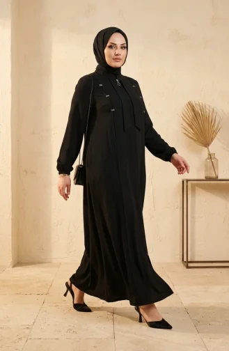 Plus Size Abaya Met Steendetails En Ritssluiting 6371-05 Zwart 6371-05