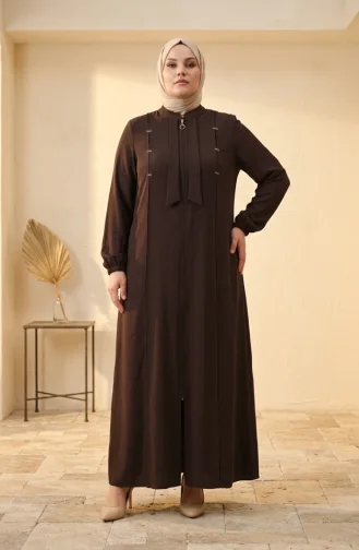 Plus Size Abaya Met Versierde Ritssluiting En Steentjes 6371-06 Bruin 6371-06