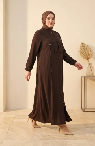 Plus Size Abaya Met Versierde Ritssluiting En Steentjes 6371-06 Bruin 6371-06