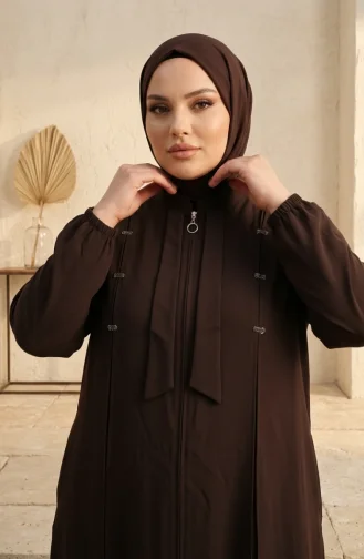 Plus Size Abaya Met Versierde Ritssluiting En Steentjes 6371-06 Bruin 6371-06