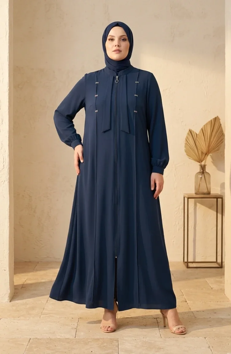 عباية مزينة بسحاب ومقاسات كبيرة مع تفاصيل من الأحجار 6371-07 بترولي 6371-07