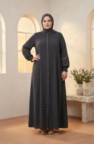 عباية رابيا كريب مطرزة بمقاسات كبيرة 6391-02 رمادي دخاني 6391-02