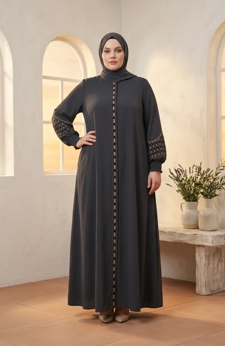 عباية رابيا كريب مطرزة بمقاسات كبيرة 6391-02 رمادي دخاني 6391-02
