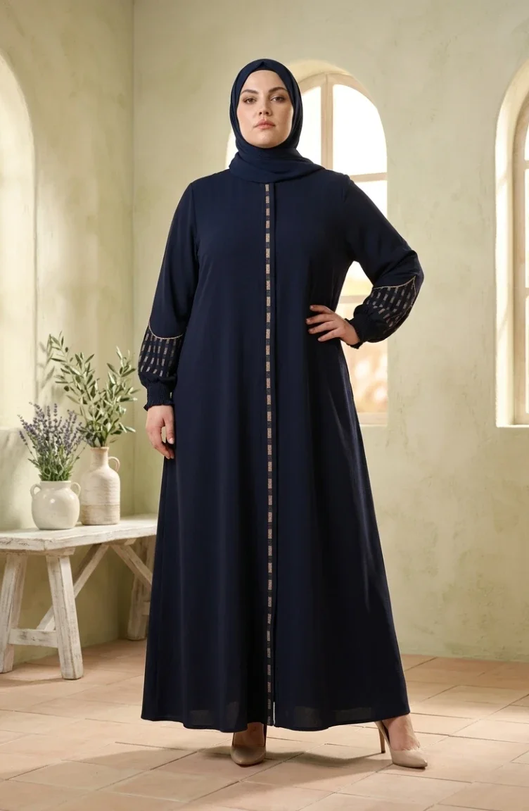 عباية رابيا كريب مطرزة بمقاسات كبيرة، لون كحلي، رقم الموديل 6391-05 6391-05