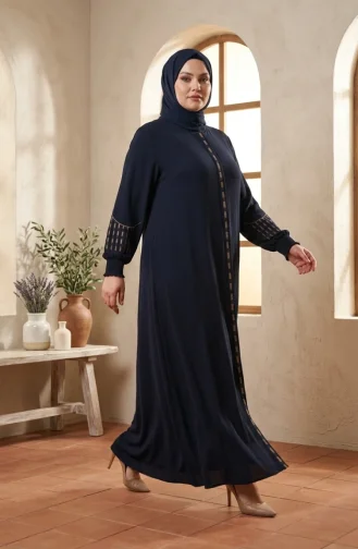 عباية رابيا كريب مطرزة بمقاسات كبيرة، لون كحلي، رقم الموديل 6391-05 6391-05