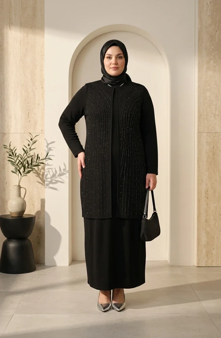 Plus Size Versierde Hijab Avondjurk 6357-01 Zwart 6357-01